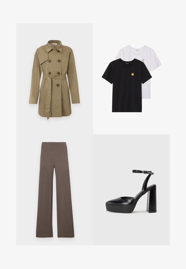 Trench coat bege até ao joelho com botões de concha de tartaruga de duplo botão, cinto na cintura, gola larga e mangas longas.; T-shirts preto e branco, de decote redondo e mangas curtas. A camisa preta apresenta um bordado de sol amarelo; a branca tem um detalhe de lua crescente roxa.; Calças largas caneladas em cor castanho escuro, com cós elástico e tecido macio e texturizado.; Saltos altos pretos com bico fino e atilho ajustável no tornozelo. Confeccionados em couro suave, apresentam um salto bloco robusto.