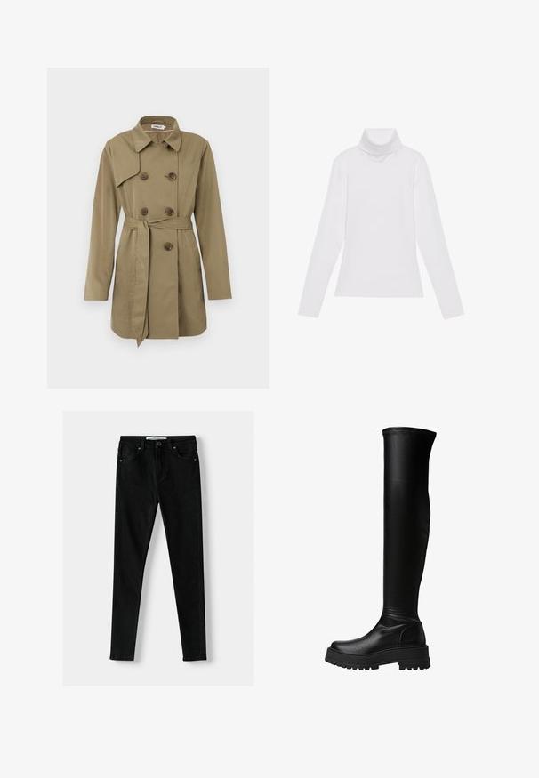 Béžový trench coat do kolen s dvojitým zapínáním na želvovinové knoflíky, páskem v pase, širokým límcem a dlouhými rukávy.; Bílý dlouhý rukáv rolák vyrobený z hladkého, elastického materiálu. Má vysoký límec a přiléhavý střih, bez viditelných vzorů nebo ozdob.; Černé slim-fit džíny vyrobené z denimu, s klasickým pětipocket designem, zipovým zapínáním a kovovým knoflíkem. Hladká textura po celé ploše.; Černé kozačky do výšky kolen vyrobené z hladké syntetické kůže, s masivní podrážkou a postranním panelem, s prošíváním podél horního okraje.