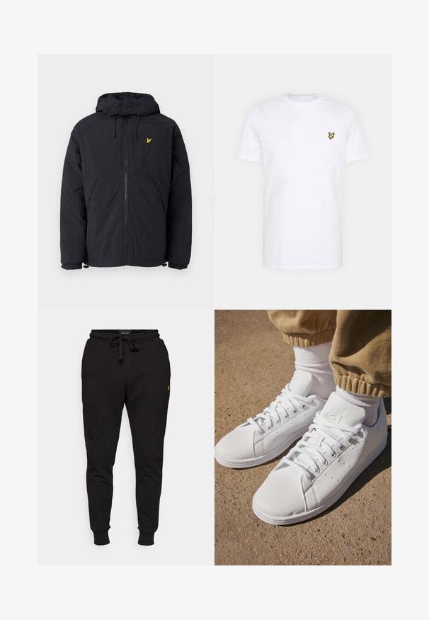 Lyle & Scott PADDED PUFFER JACKET - Casaco de inverno - jet black; T-shirt de algodão branco com um pequeno logótipo bordado em preto e amarelo no lado esquerdo do peito. Mangas curtas e decote redondo.; Calças de jogging de algodão pretas com cintura elástica, cordão e punhos canelados. Apresenta um pequeno logo amarelo na coxa esquerda.; Sapatilhas brancas de couro com uma superfície suave, apresentando um design clássico com atacadores, perfurações para respirabilidade e uma sola de borracha texturizada.