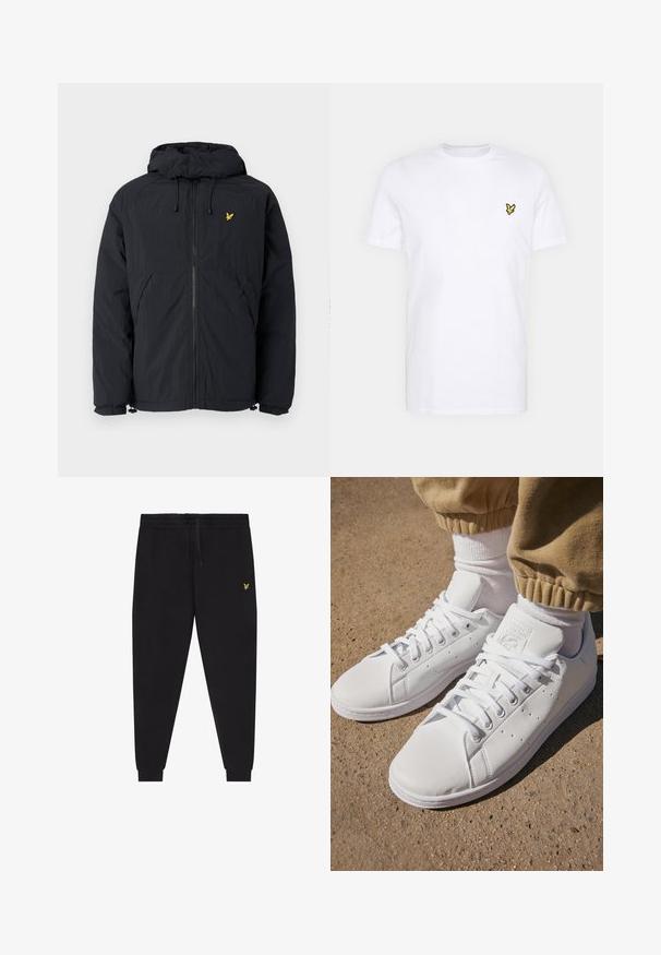 Lyle & Scott PADDED PUFFER JACKET - Zimska jakna - jet black; Bela bombažna majica s kratkimi rokavi, ki ima na levem prsnem delu majhno črno in rumeno vezeno logotip. Okrugli izrez.; Črne športne hlače z elastiko v pasu in vrvico za zategovanje, zožene nogavice s patentnim robom ter majhen rumen vezen logotip na desnem stegnu.; Beli usnjeni športni copati s gladko površino, z brezčasnim vezalnim dizajnom, perforacijami za zračnost in teksturiranim gumiranim podplatom.