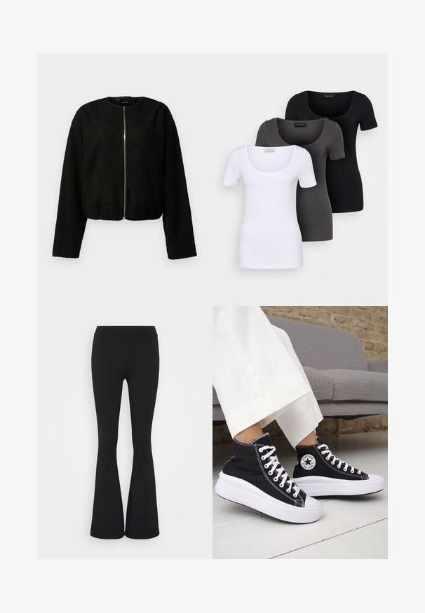 Crna skraćena jakna od teksturiranog materijala, s dugim rukavima, okruglim izrezom i prednjim zatvaračem. Jednostavan dizajn bez uzoraka.; Tri fitted T-shirtovi u bijeloj, sivoj i crnoj boji. Svaki ima široki izrez na vratu i kratke rukave. Napravljen od glatkoga, rastezljivog materijala.; Crne trapezaste hlače od rastezljivog materijala, sa visokim pojasom i glatkom teksturom. Hlače se šire od koljena.; Crne tenisice visoke košarke s bijelim gumenim potplatom i vezicama. Imaju okruglu logotipsku zakrpu i kontrastni bijeli šav. Materijal od platna.
