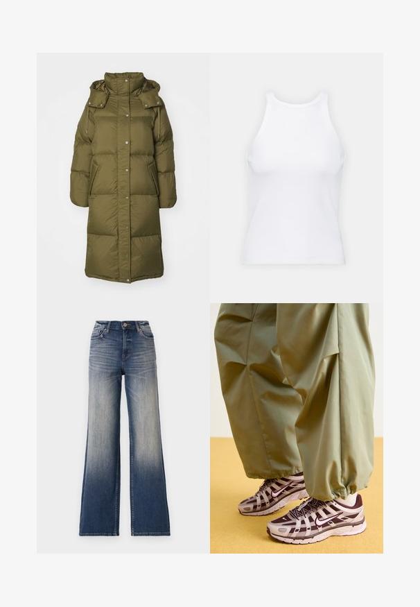 GANT FULL LENGTH COAT - Manteau en duvet - dark cactus; Débardeur blanc sans manches en tissu côtelé, doté d'un col rond et d'une silhouette ajustée, avec des coutures minimales et sans ornements.; Jeans taille haute à jambes larges en denim bleu clair à foncé avec décoloration, dotés d'une fermeture à bouton et de passants de ceinture. Ourlet net et sans ornementation visible.; Baskets de sport avec un design gris et violet foncé, dotées d'une tige en maille, de sangles de soutien et d'une semelle en caoutchouc, associées à un pantalon vert ample.