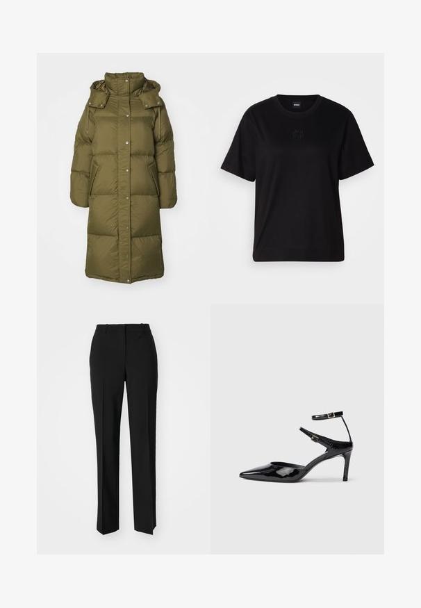 GANT FULL LENGTH COAT - Dūnu mētelis - dark cactus; Melna kokvilnas T-krekls ar apaļu izgriezumu, īsām piedurknēm un izšūtu logotipu uz krūtīm. Vienkāršs, brīvs piegriezums bez rakstiem.; Melnas pielāgotas bikses ar taisnu kāju dizainu, kas raksturojas ar gludu faktūru un asiem krokām pa priekšu. Nav redzamu metāla detaļu.; Melnas lakuotas ādas apavus ar smailu purngalu, regulējamiem potīšu siksniņām un šahtu papēdi. Gluda tekstūra ar spīdīgu apdari.