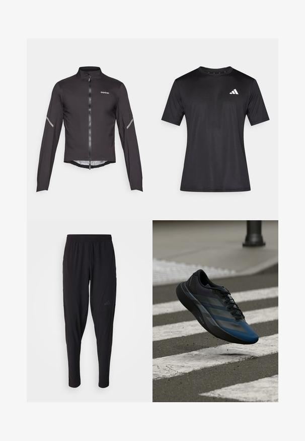 Chaqueta de ciclismo ligera negra con mangas largas, cuello alto, cremallera frontal y acentos reflectantes en las mangas. Tejido suave y texturizado.; Camiseta deportiva negra hecha de tela de malla ligera, con mangas cortas y un logo blanco en la parte izquierda del pecho.; Pantalones deportivos negros con cintura elástica, diseño ajustado, bolsillos laterales y un discreto detalle de logo. Fabricados con un material flexible y transpirable.; Zapato deportivo negro y azul con un diseño aerodinámico, que presenta una parte superior texturizada, franjas contrastantes y una suela acolchada, flotando sobre el pavimento.