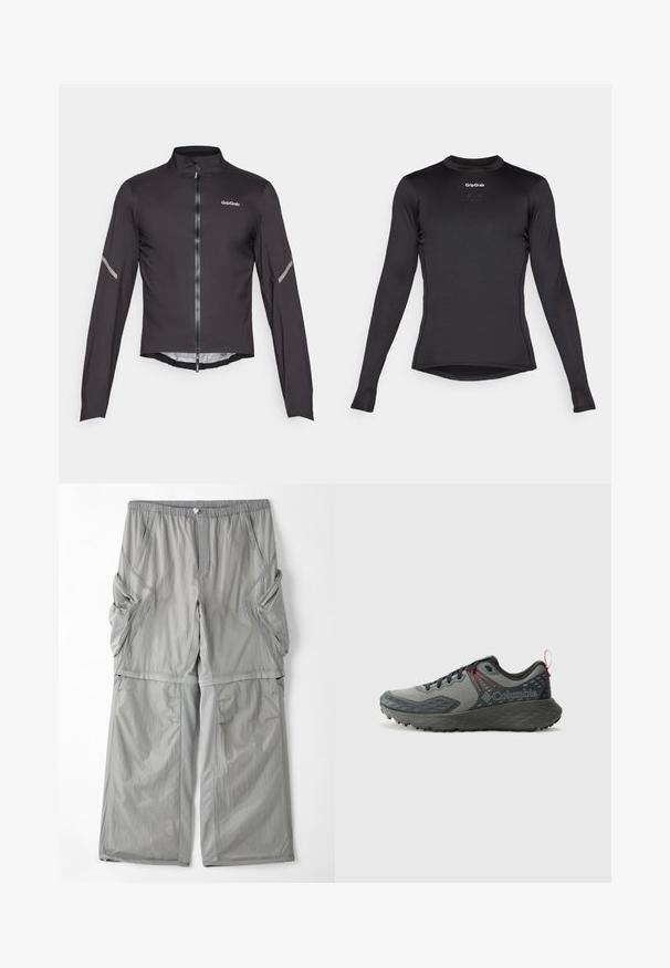 Melna viegla velosipēdu jaka ar garām piedurknēm, augstu apkakli, priekšējo rāvējslēdzēju un atstarojošiem akcentiem uz piedurknēm. Gluda, teksturēta auduma.; Melnas garām piedurknēm bāzes slāņa kreklis ar režģa tekstūru, apaļo izgriezumu un GripGrab logotipu uz krūšu daļas. Mazliet sašaurināta piegriezuma forma ar apakšmalu.; Gai pelēki, elpojoši auduma bikses ar elastīgu jostu, sānu kabatām un kontrastējošu pelēku apdari gar šuvēm. Brīvs piegriezums.; Columbia KONOS - Pārgājienu apavi - grey steel/mountain red