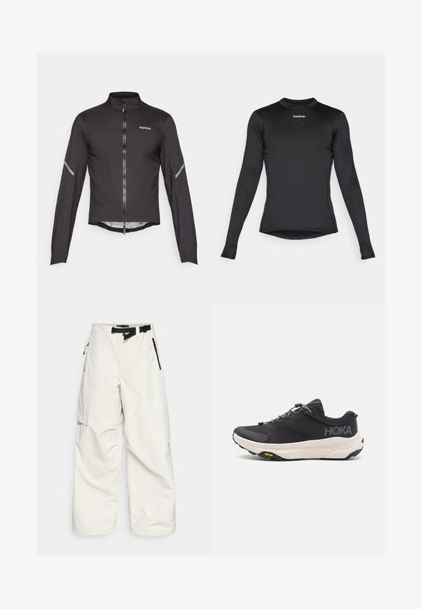 Fekete, könnyű kerékpáros dzseki hosszú ujjakkal, magas gallérral, elülső cipzárral és fényvisszaverő részletekkel az ujjakon. Simább, texturált anyag.; Fekete, hosszú ujjú alapréteg felső, rácsos textúrával, kerek nyakkivágással és GripGrab logóval a mellkasán. Enyhén tapadó fazon, aljával.; Fehér cargo nadrág vízálló anyagból, derékpánttal, cipzáras oldalzsebekkel és laza, bő szárú kialakítással.; Fekete sportcipő texturált felsőrésszel, szürke kiegészítőkkel, fényvisszaverő részletekkel és vastag fehér talppal, amelyen Vibram márkajelzés található.