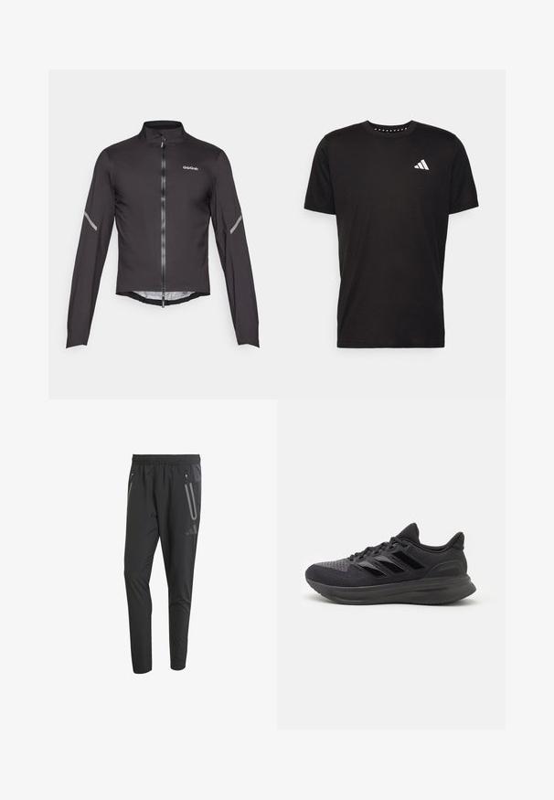 Sort letvægts cykeljakke med lange ærmer, høj krave, frontlynlås og refleksdetaljer på ærmerne. Glat, tekstureret stof.; Sort bomulds T-shirt med korte ærmer, rund hals og et hvidt logo på venstre bryst. Glat tekstur og enkelt design.; Sorte atletiske bukser med elastisk talje, to lynlåslommer på siden, tapered fit og reflekterende accenter foran.; Sort atletisk sko med tekstureret stofoverdel, gummisål og tre skinnende sorte striber på siden. Rund tå og polstret hæl.