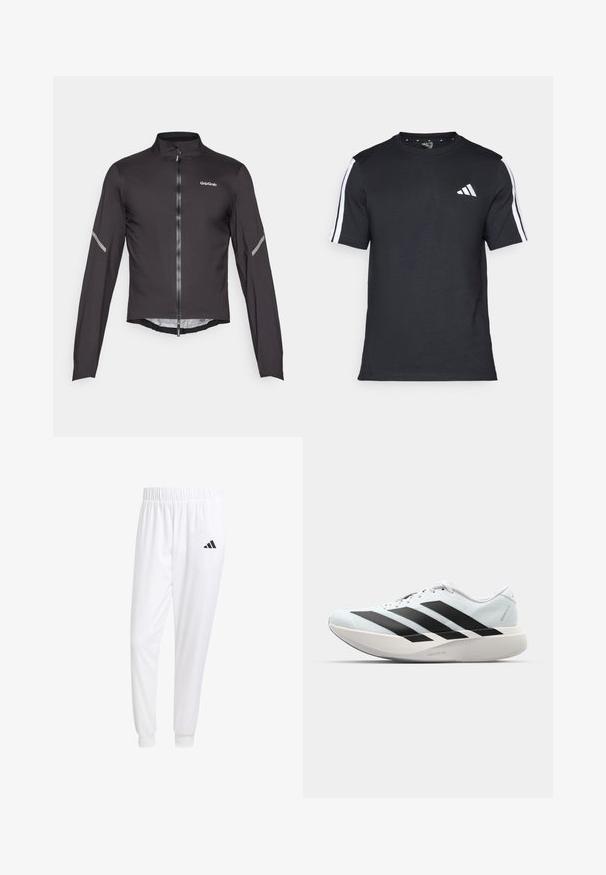 Veste de cyclisme légère noire avec manches longues, col montant, fermeture éclair à l'avant et accents réfléchissants sur les manches. Tissu lisse et texturé.; T-shirt noir en coton à manches courtes, arborant des rayures blanches sur les épaules et un logo blanc sur la poitrine gauche.; Pantalons de sport blancs en tissu lisse, dotés d'une taille élastique et de poignets ajustés, avec un logo noir sur la poche arrière.; Baskets de course légères en bleu pâle avec des rayures noires. Elles présentent un dessus lisse, un embout rond et une semelle intermédiaire blanche épaisse étiquetée "LIGHTSTRIKE PRO".
