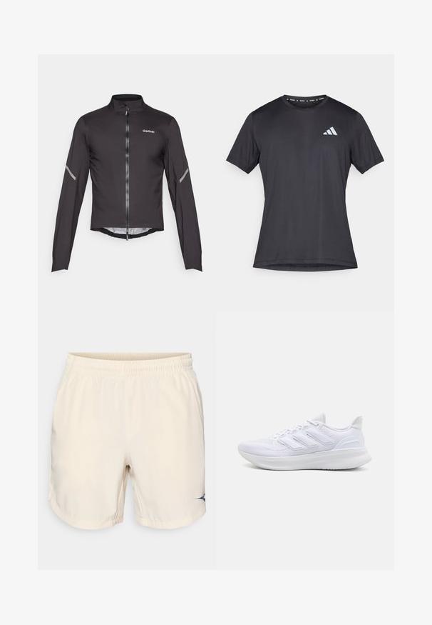 Chaqueta de ciclismo ligera negra con mangas largas, cuello alto, cremallera frontal y acentos reflectantes en las mangas. Tejido suave y texturizado.; Camiseta deportiva negra, de manga corta y cuello redondo, hecha de tela ligera. Presenta un logo reflectante de Adidas en la parte frontal.; Bañador de color beige claro con cinturilla elástica, textura suave, bolsillos laterales y un acento del logotipo en navy en la parte inferior izquierda.; Zapatillas deportivas blancas con una parte superior de malla texturizada, suela acolchada y soporte, y un diseño de tres rayas en el lateral.