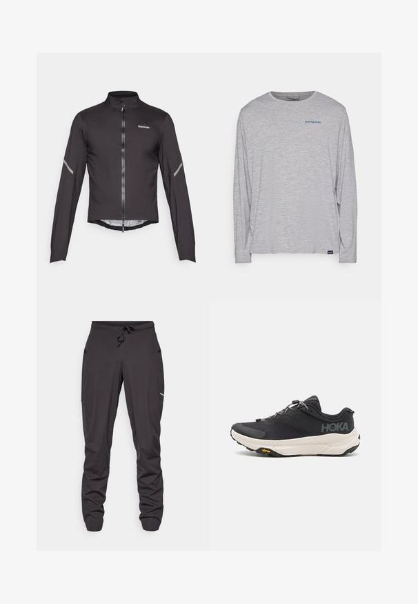 Czarna, lekka kurtka rowerowa z długimi rękawami, wysokim kołnierzem, zamkiem błyskawicznym z przodu i odblaskowymi akcentami na rękawach. Gładki, teksturowany materiał.; Jasnoszara, długosleeve'owa koszulka wykonana z miękkiego, strukturalnego materiału. Posiada okrągły dekolt i małe niebieskie logo Patagonia na piersi.; Czarne dresowe spodnie z troczkami, z bocznymi kieszeniami, lekko pomarszczony materiał i małe widoczne logo na prawej udzie.; Czarne sportowe buty z teksturowaną cholewką, szarymi akcentami, odblaskowymi detalami oraz grubą białą podeszwą z oznaczeniem Vibram.