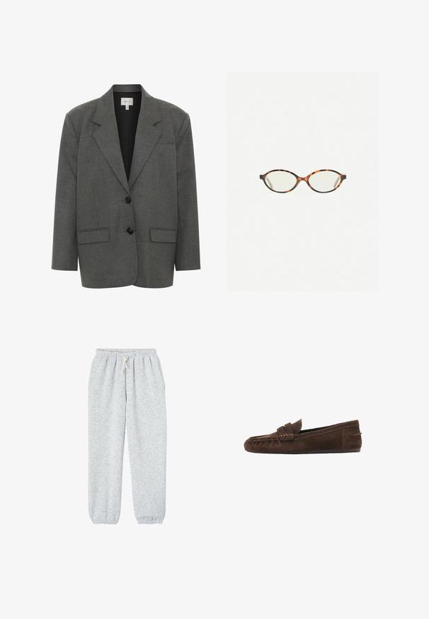 Gestuz PAULA - Kratka jakna - dark grey melange; Svijetlosivi, dugouhi džemper od mekog, pahuljastog materijala s okruglim izrezom i ležernim krojem. Nema vidljivih uzoraka ili dijelova od metala.; Sive trenirke od mekog materijala, s elastičnom trakicom u struku i vezicom, te elastičnim manžetama na gležnjevima.; Smeđe mokasine od suedea s teksturiranim gornjim dijelom, s pletenim akcentom i ravnim potplatom, dizajnirane za ležernu udobnost i jednostavno oblačenje.; Naočale u boji kornjače s ovalnim staklima i elegantnim, glatkim završetkom. Imaju tanke strane s suptilnom krivuljom na sljepoočnicama. Prozirna stakla.