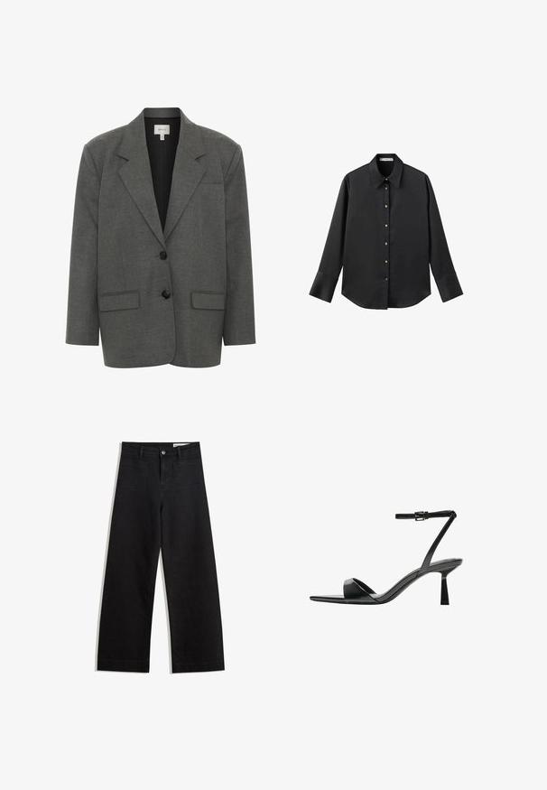 Gestuz PAULA - Blazer - dark grey melange; Maglietta nera a maniche lunghe in tessuto morbido, con colletto classico, chiusura frontale con bottoni dorati e polsini ampi.; Pantaloni in denim neri a gamba larga con vita alta, dotati di tasche anteriori e posteriori, cuciture a punto, e chiusura con bottone. Texture liscia.; Bershka Sandali con tacco - black