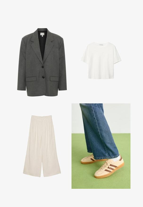 Gestuz PAULA - Blejzer - dark grey melange; Biela krátkopsová tričko vyrobené z bavlny. Má okrúhly výstrih a voľný strih. Hladká textúra bez viditeľných vzorov alebo akcentov.; Ľahké béžové široké nohavice z ľanu s plisovaným designom a elastickým pásom pre pohodlie a jednoduché nosenie.; Béžové tenisky s textúrovanými krémovými panelmi a hnedými pruhmi, skombinované s modrými džínsami. Džínsy majú široké nohavice a roztrhnutý lem.