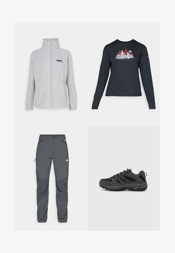 Gray fleece jacket with high collar, full front zipper, and side pockets. Features a black logo patch on the chest. Simple design.; Long-sleeve dark gray shirt with a graphic of red trees and mountains; "COLUMBIA" logo in bold white text. Soft fabric, standard crew neck.; Dark gray outdoor pants with reinforced knee patches, zippered side and front pockets, button closure, and The North Face logo on thigh.; Columbia REDMOND - Hiking shoes - black/citron haze