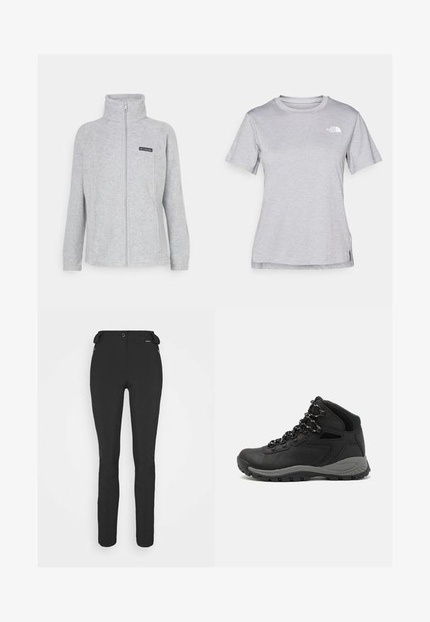 Giacca in pile grigia con colletto alto, zip frontale completa e tasche laterali. Presenta una patch nera con logo sul petto. Design semplice.; T-shirt grigio a maniche corte realizzato in morbido tessuto traspirante. Presenta un collo tondo e un piccolo logo bianco nella parte superiore sinistra.; Pantaloni neri aderenti realizzati in materiale flessibile. Presentano una tasca laterale con zip, ginocchia articolate e una texture liscia.; Stivale da trekking nero con design a metà altezza, dotato di una tomaia texturizzata, accenti grigi e suola in gomma resistente con tasselli per la trazione.