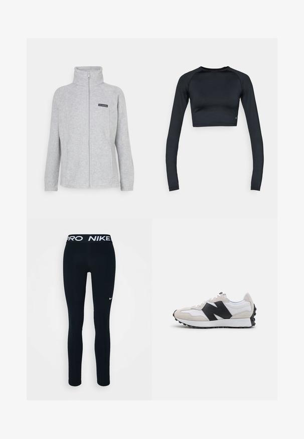 Szara polarowa kurtka z wysokim kołnierzem, pełnym zamkiem z przodu i kieszeniami po bokach. Posiada czarną łatkę z logo na klatce piersiowej. Prosty design.; Czarny krótki top z długim rękawem wykonany z gładkiej, elastycznej tkaniny. Posiada okrągły dekolt i dopasowany krój, z subtelnymi zdobieniami u dołu.; Czarne legginsy Nike z pasem Pro, z białym logo na lewym udzie. Wykonane z elastycznego materiału, zaprojektowane z myślą o komforcie i swobodzie ruchów.; Klasyczne buty do biegania w kolorze szarym, czarnym i białym. Cholewka z zamszu i siateczki, teksturowana czarna gumowa podeszwa oraz wyraźny akcent logo po boku.