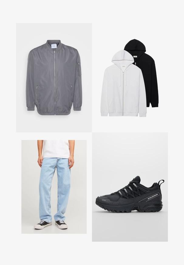 Grå bomberjacka med dragkedja framtill, ribbad krage och mudd, sidofickor med dragkedja samt en liten ficka på ärmen. Släta, lätta material.; Två zip-up hoodies i svart och vitt, med dragsko till huvorna, fickor fram, ribbade ärmar och mjuk tygkänsla.; Set med tre basic t-shirts i svart, vitt och ljusgrått. Kort ärm, rund hals, tillverkade av mjuk bomullstyg. Logotyp synlig.; Ljusblå denimjeans med avslappnad passform, med rakt ben och standardstickning, tillsammans med svarta sneakers.; Svarta sportskor med ovandel i mesh, gummisula och reflexdetaljer. Har en dämpad sula och snörning.