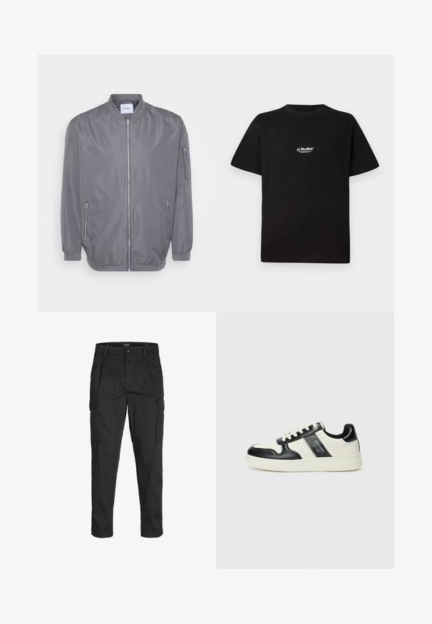 Šedá bomber bunda se zapínáním na zip, žebrovaným límcem a manžetami, bočními zipovými kapsami a malou kapsou na rukávu. Hladká, lehká tkanina.; Černé bavlněné tričko s kulatým výstřihem a krátkými rukávy. Na horní části hrudi se nachází bílé logo "JJ Studios".; Černé cargo kalhoty vyrobené z odolné tkaniny, s mnoha kapsami, knoflíkovým zapínáním a slim fit střihem se zúženými nohavicemi.; Kožené tenisky s černobílou barevnou kombinací, které mají perforované detaily, polstrovaný límec a texturovanou podrážku.