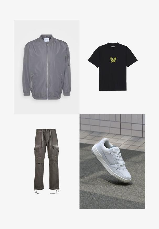 Hallitus halli bomber-jakk, millel on lukuga esikülg, soonikuga krae ja varrukad, külgedel lukuga taskud ja väike tasku käe peal. Sile, kerge kangas.; Must musta t-särk, millel on rinnal väike kollane leekidega liblika graafika. Ümmargune kaelus, lühikesed varrukad.; Halli püksid pleekinud hallis kangas, elastse vöökohtaga ja kinnituspaeladega, küljetaskud ning kitsenevad sääred, mille allääres on sidumispaelad.; Valge nahkne toss, millel on perforeeritud külgedega, tekstuuriga aktsendid, lame pael ja kontrastne hall konts. Omab veidi tõstetud tallat.