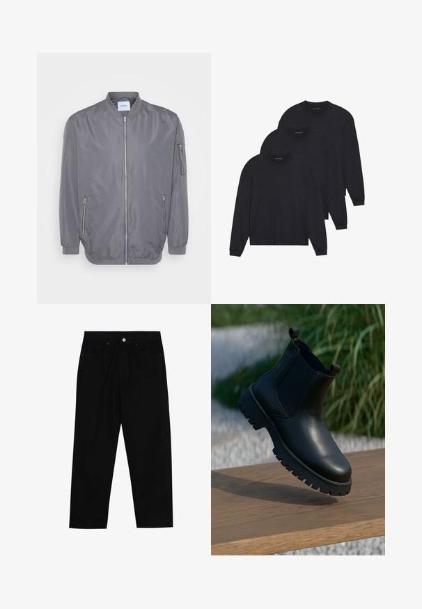 Veste bomber grise avec fermeture éclair sur le devant, col et poignets côtelés, poches latérales zippées et une petite poche sur le bras. Tissu lisse et léger.; Trois chemises à manches longues noires, en tissu doux, avec des encolures rondes et des poignets ajustés. Design minimaliste sans motifs visibles.; Pantalons en denim noir avec une coupe droite, un design à cinq poches et une fermeture à bouton à l'avant. Texture lisse avec des détails de couture minimaux.; Bottes en cuir noir à la cheville avec panneaux latéraux élastiques, bout rond et semelle épaisse, exposées sur une surface en bois.