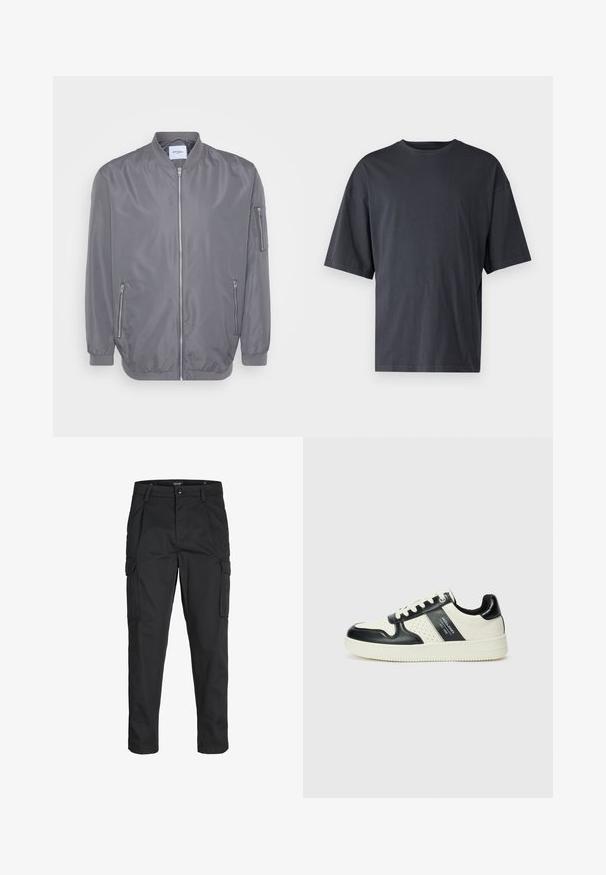 Graue Bomberjacke mit einem Reißverschluss vorne, geripptem Kragen und Bündchen, seitlichen Reißverschlusstaschen und einer kleinen Armtasche. Glattes, leichtes Material.; Dunkelgraues Kurzarm-T-Shirt aus leichtem Baumwollmaterial, mit lockerer Passform und klassischem Rundhalsausschnitt, in einfarbigem Design ohne Muster.; Schwarze Cargo-Hose aus robustem Material, mit mehreren Taschen, einem Knopfverschluss und einem Slim-Fit-Design mit schmal zulaufenden Beinen.; Leder-Sneaker in Schwarz- und Cremetönen, mit perforierten Akzenten, einem gepolsterten Kragen und einer strukturierten Laufsohle.