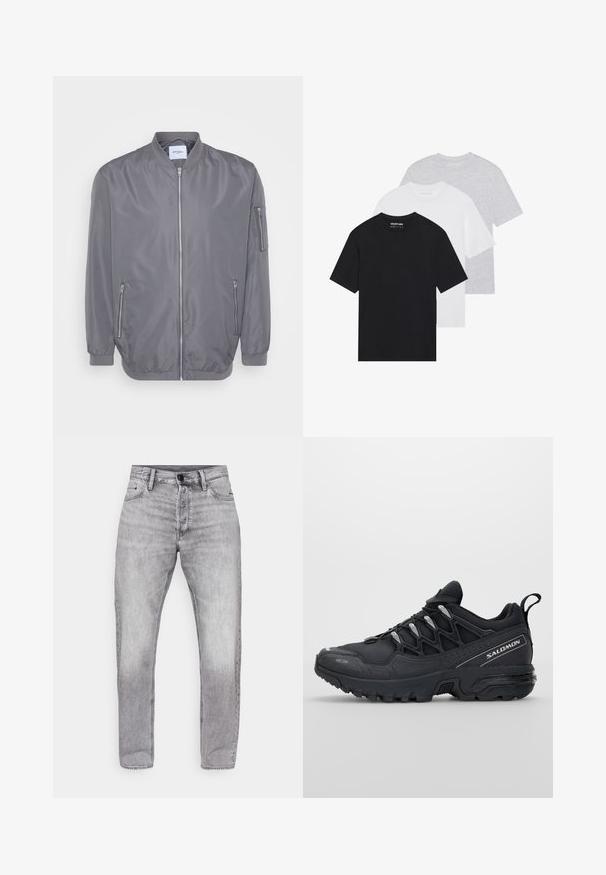 Siva bomberska jakna z zadrgo spredaj, rebrastim ovratnikom in manšetami, stranskimi žepi z zadrgo ter majhnim žepom na roki. Gladek, lahek material.; Komplet treh osnovnih majic v črni, beli in svetlo sivi barvi. Kratki rokavi, okrogla izrezana vrata, narejene iz gladkega bombažnega materiala. Vidna blagovna znamka.; Sive kavbojke z ravnim krojem, ki imajo blede umazane barve, zasnovo s petimi žepi in standardno zapiranje na gumb in zadrgo.; Črne športne čevlje z mrežasto zgornjšo plastjo, gumijastim podplatom in odbojnimi detajli. Imajo oblazinjen podplat in zasnovo z vezalnim zapiranjem.