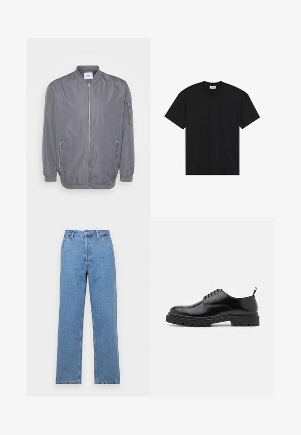 Gray bomber jacket with a zip front, ribbed collar and cuffs, side zip pockets, and a small arm pocket. Smooth, lightweight fabric.; Black short-sleeve t-shirt made of cotton. Features a classic crew neckline and a relaxed fit with no visible patterns or accents.; Light blue denim straight-leg jeans with a classic five-pocket design, featuring a front button closure and belt loops. Smooth texture.; Black leather lace-up shoes with a rounded toe, smooth texture, and ridged rubber sole. Features a small heel and a pull tab at the back.