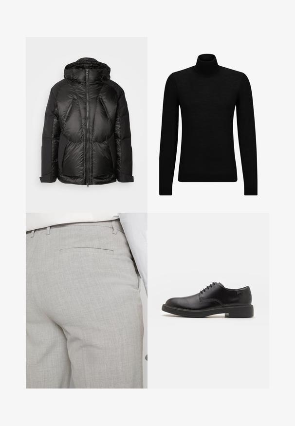 Colmar Originals MAN JACKET - Dunjacka - black; Svart polotröja gjord av mjukt material, med långa ärmar och en åtsittande passform. Ribbat avslut vid fåll och ärmslut. Enkelt mönster.; Ljusgrå skräddarsydda byxor av texturerat tyg med en enda bakficka och rena sömmar.; Svart läder snörsko med rund tå, slät yta, minimal söm och låg gummihäl. Logotyp på hälen.