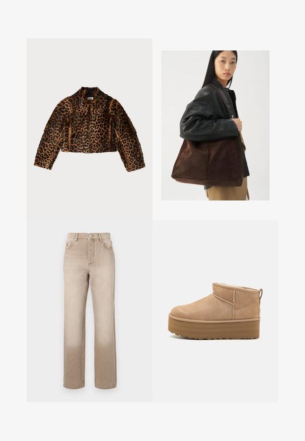 By Malene Birger ROWANI - Læderjakker - leopard; Lys cremefarvet sweater med lange ærmer, rund halsudskæring og ribbenet kant. Lavet af et blødt materiale med en glat tekstur.; Beige denim jeans med en let falmet effekt, lige ben design, fem-lomme stil og en metal knaplukning i taljen.; Beige ruskinds ankelstøvler med et blødt indre, der har en platformssål og en strop bagpå for nem påtagning. Tekstureret gummisål.; Brun ruskind tote taske med en bred form og blød tekstur, der har en enkelt strop og minimal hardware mod en neutral baggrund.