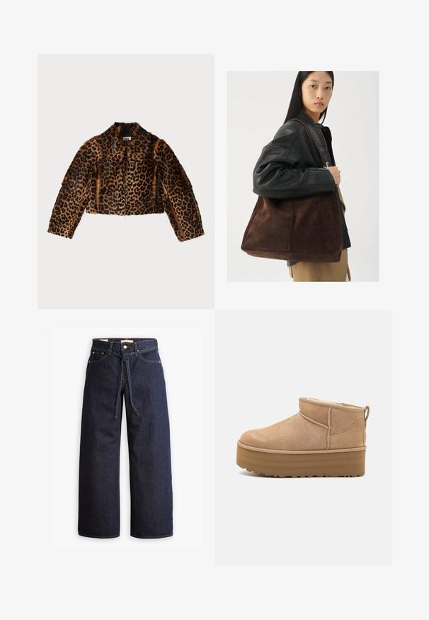 By Malene Birger ROWANI - Leren jas - leopard; Licht crèmekleurige trui met lange mouwen, ronde halslijn en ribgebreide zoom. Gemaakt van een zacht materiaal en heeft een gladde textuur.; Wijd pijpjes donkerblauwe denim jeans met een hoge taille, voorzien van een trekkoord, vijf zakken en contrasterende stiksels.; Beige suède enkellaarsjes met een pluche binnenvoering, voorzien van een plateauzool en een trekhaak aan de achterkant voor gemakkelijk aantrekken. Gemêleerde rubberen zool.; Bruine suède tote bag met een brede vorm en zachte textuur, voorzien van een enkele schouderband en minimale hardware tegen een neutrale achtergrond.