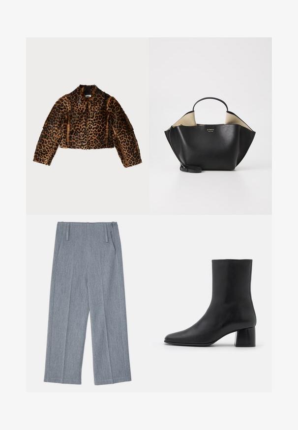 By Malene Birger ROWANI - Leather jacket - leopard; Black long-sleeve top made of soft fabric, featuring a round neckline and a relaxed fit with side slits at the hem for ease of movement.; Light gray, wide-leg trousers made of textured fabric, featuring two front pleats and two side pockets. Clean, tailored design.; Black leather ankle boot with a pointed toe and a chunky square heel. Smooth texture with a seamless design and minimalistic stitching.; Ree Projects ANN TOTE MINI - Handbag - black