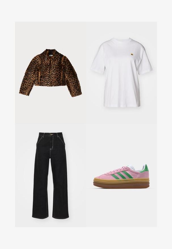 By Malene Birger ROWANI - Nahkjakk - leopard; Valge puuvillane T-särk, millel on lõdva lõikega, lühikesed varrukad ja väike broderi logo vasakul rinnakarpi.; Mustmustest mustadest denimist, millel on kontrastsed valged õmblused ja esine nupp, kahe nurga all asuva esipocketiga.; Roosa nahast tossud roheliste triipude, valgete aktsentide ja pruuni kummitaldiga. Omavad tekstuuriga kangast ja logo detaile külgedel.