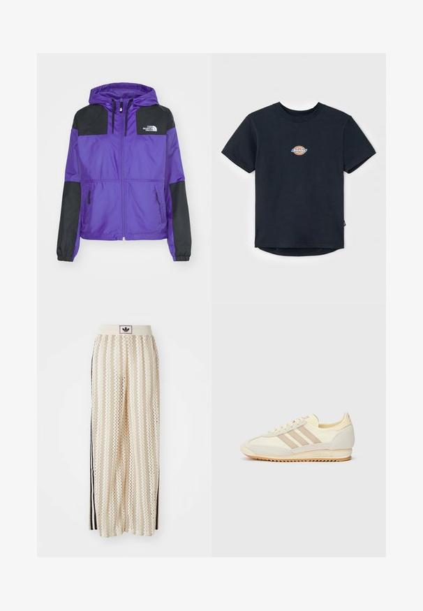 The North Face SHERU  - Casaco para exterior - peak purple/black; T-shirt de algodão preto com mangas curtas, decote redondo e um pequeno logótipo multicolorido no peito. Barra reta com a parte de trás ligeiramente mais longa.; Calças largas de cor creme com um padrão em zigzag, apresentando uma cintura com logotipo preto e riscas laterais pretas. Tecido leve e texturizado.; Sapatilha atlética creme com três riscas bege, materiais em camurça e tecido, sola texturizada e logo em relevo no calcanhar.