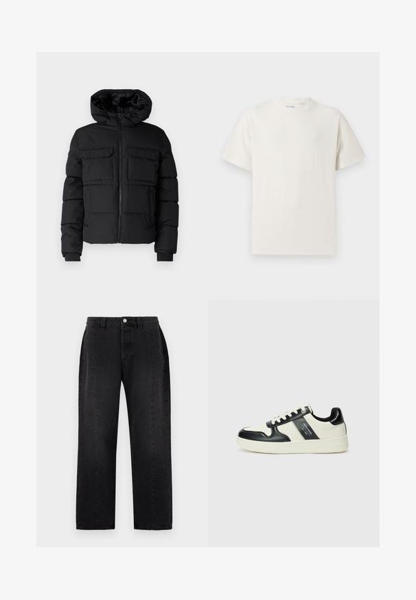 Svart polstret jakke med hette, med to brystlommer, glidelås fremme og ribbestrikkede mansjetter. Jevn tekstur og lett design.; Hvit T-skjorte med kort erm i ribbestrikket tekstur. Rund hals, avslappet passform, ingen synlige mønstre eller detaljer. Enkelt og allsidig design.; Svarte denimbukser med rett ben-design. Har knappelukking, beltehemper og to sidelommer. Glatt tekstur, ingen synlige mønstre.; Lædersneakers med sort og creme farveskema, der har perforerede detaljer, en polstret krave og en struktureret ydersål.