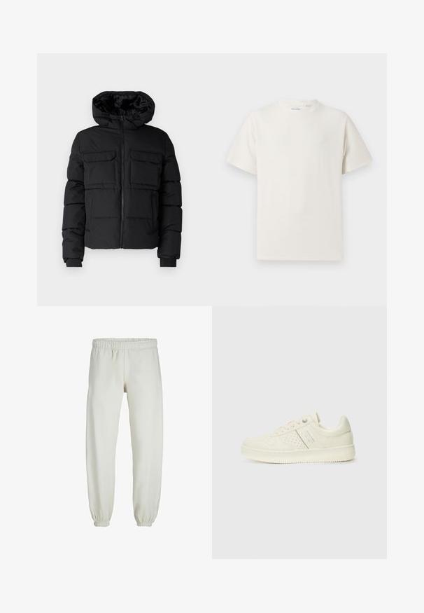 Veste rembourrée noire avec capuche, dotée de deux poches poitrine, d'une fermeture éclair à l'avant et de poignets côtelés. Texture lisse et design léger.; T-shirt blanc à manches courtes en texture côtelée. Encolure ronde, coupe décontractée, sans motifs ni accents visibles. Design simple et polyvalent.; Pantalons de survêtement blancs en tissu doux, avec une taille et des poignets élastiques, présentant une texture lisse et un design ample.; Sneaker couleur crème avec des détails perforés, des lacets et un logo sur le côté, présenté sur un fond blanc uni.