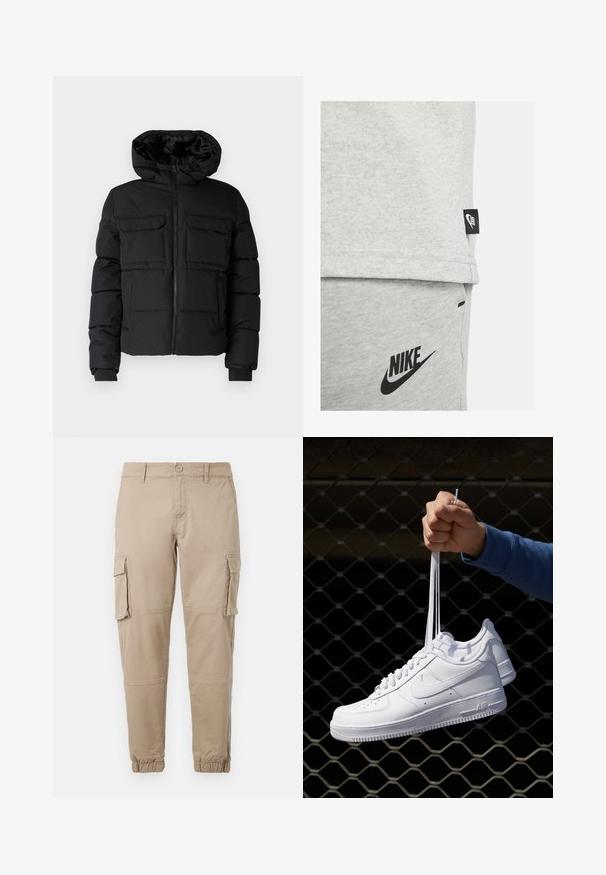 Veste rembourrée noire avec capuche, dotée de deux poches poitrine, d'une fermeture éclair à l'avant et de poignets côtelés. Texture lisse et design léger.; T-shirt en coton gris mélangé avec le logo Nike noir ; présente une petite étiquette Nike sur l'ourlet latéral ; design simple, manches courtes.; Pantalons cargo beiges en coton léger. Comprend des poignets élastiques, plusieurs poches latérales et une fermeture à bouton.; Baskets en cuir blanc avec perforations, à bout rond, semelle plate et lacets épais, arborant un logo swoosh visible et "AIR" sur le talon.