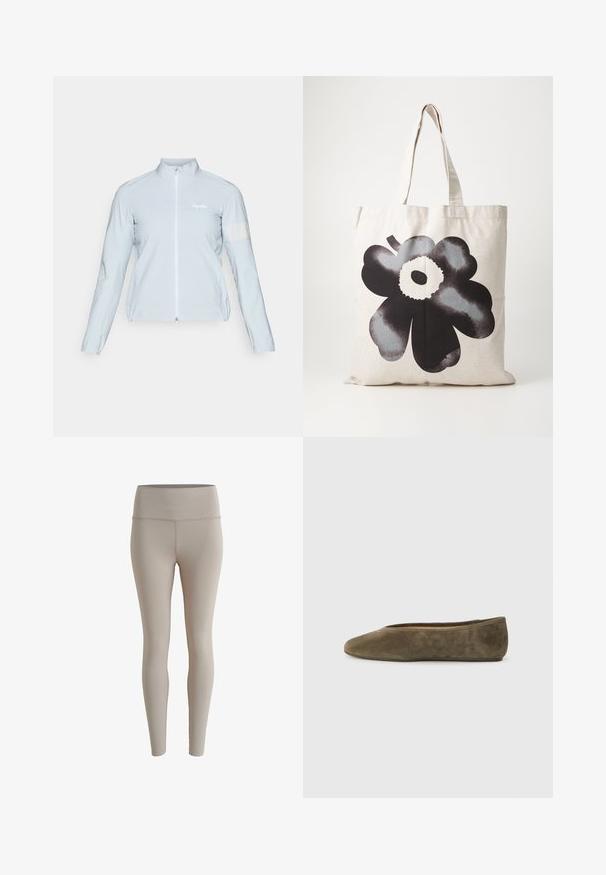 Lichtblauwe fietsjack, volledige rits, hoge kraag, lange mouwen, elastische manchetten, reflecterende strip op de linkermouw, glad, lichtgewicht stof.; V-hals trui in lichtbruin, gemaakt van zacht materiaal. Heeft rib gebreide manchetten en zoom, met een relaxed fit en lange mouwen.; Beige leggings gemaakt van rekbaar materiaal, met een hoge taille en een gladde textuur, zonder zichtbare patronen of hardware-details.; Olijfgroene suède ballerina met een slank, rondneus en een lage profielontwerp. Gladde textuur zonder zichtbare hardware of accenten.; Canvas draagtas in lichtbeige met een groot, gedurfd zwart bloemenontwerp; beschikt over stevige handvatten en een gestructureerd stoffen oppervlak.