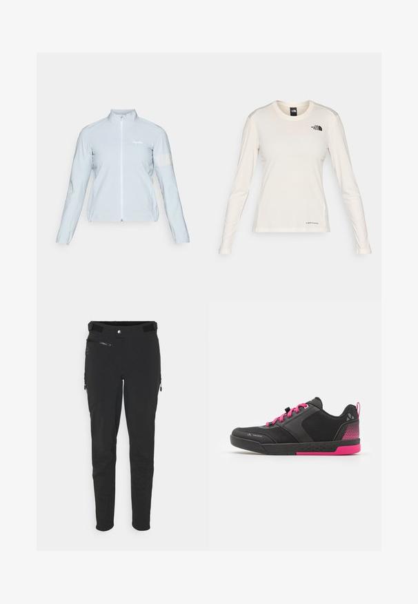 Light blue cycling jacket, full zip, high collar, long sleeves, elastic cuffs, reflective strip on left arm, smooth, lightweight fabric.; The North Face SHADOW LONG SLEEVE - Long sleeved top - white dune; Black outdoor pants made from stretch fabric, featuring zippered pockets, a slim fit, and a smooth texture with reinforced knee panels.; Black athletic shoe with pink accents, featuring a mesh upper, padded collar, and a textured rubber sole. Laces are bright pink.