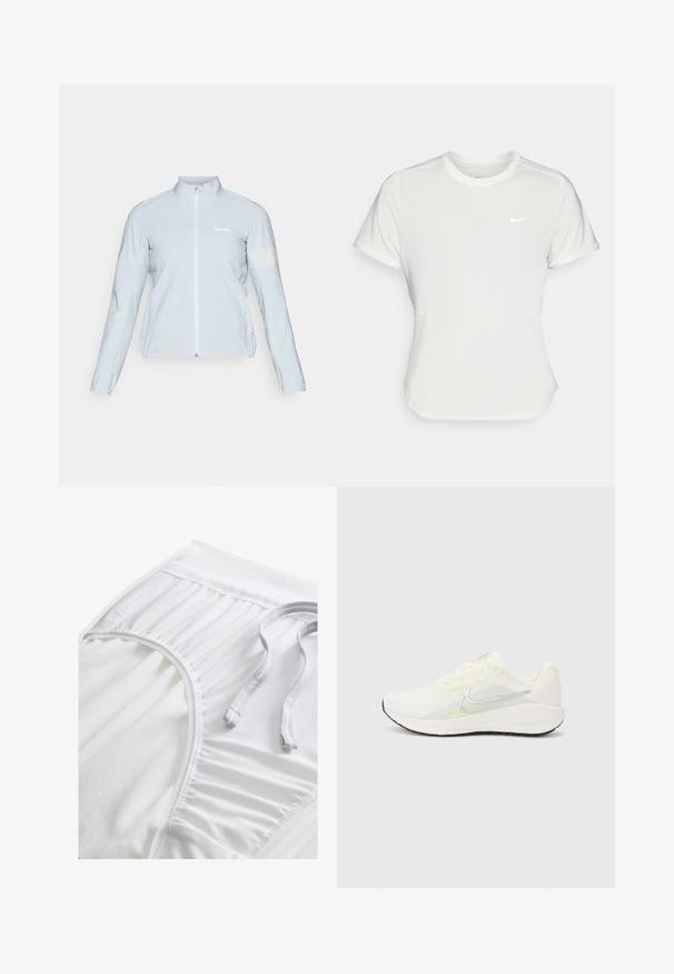 Svetlomodrá cyklistická bunda, na zips, vysoký golier, dlhé rukávy, elastické manžety, reflexný prúžok na ľavom rukáve, hladká, ľahká tkanina.; Biele tričko Nike s krátkym rukávom a okrúhlym výstrihom, vyrobené z hladkej a ľahkej látky. Na hrudi má nenápadné logo.; Biele atletické šortky s textúrovaným pásom, zbernými bočnými detailmi a plochou šnúrkou. Mäkká tkanina s hladkým povrchom.; Nike Performance DOWNSHIFTER 13 - Cestná bežecká obuv - sail/silver-coloured photon dust/summit white/barely volt/black