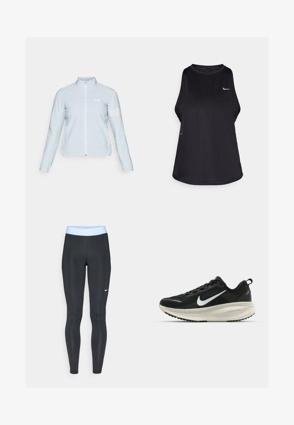 Šviesiai mėlyna dviratininkų striukė, visiškai užtraukiama, aukšta apykaklė, ilgomis rankovėmis, elastingi rankogaliai, atšvaitinė juostelė kairiajame pražangėje, lygaus, lengvo audinio.; Juodas be rankovių bėgimo marškinėliai, pagaminti iš lengvos medžiagos, su apvalia kaklo iškirpte; turi subtilų logotipą ir šoninius plyšius, kad būtų užtikrinta oro cirkuliacija.; Juodos sportinės legging'os su šviesiai mėlynu juosmeniu, ant kurio užrašyta "NIKE PRO"; glotni tekstūra ir prigludusi forma. Balta Nike logotipas kairėje pusėje.; Juodas Nike sportinis batelis su kvėpuojančiu tinklu, baltu swoosh logotipu, tekstūruoto dizaino detalėmis ir grietinėlės spalvos ZoomX viduriu.