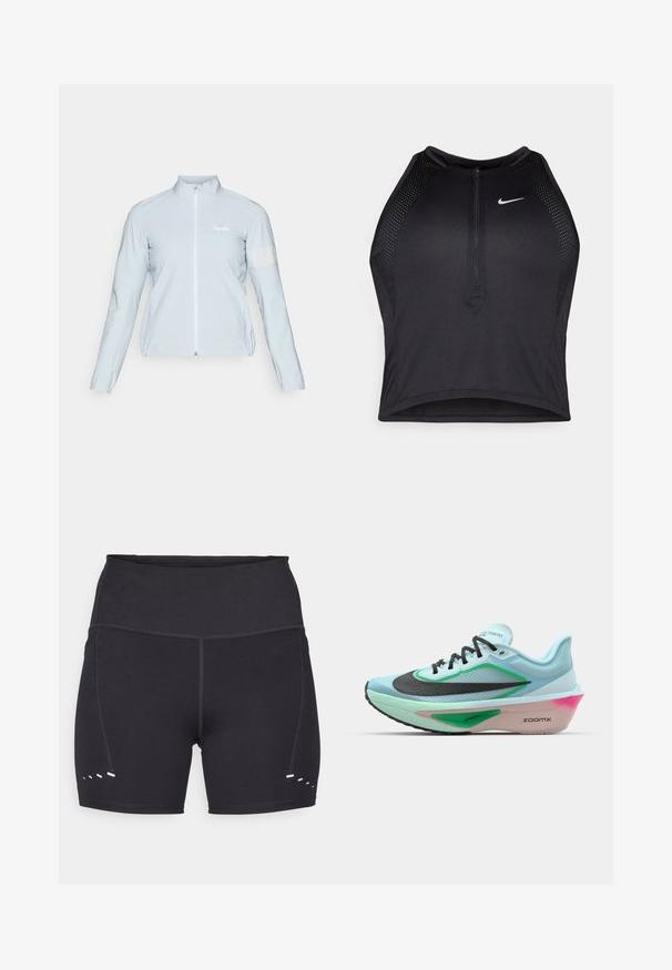 Giacca da ciclismo azzurro chiaro, con zip completa, colletto alto, maniche lunghe, polsini elasticizzati, striscia riflettente sul braccio sinistro, tessuto liscio e leggero.; Top corto atletico nero con zip frontale, dettagli in rete e un design aderente. Realizzato in tessuto elasticizzato e traspirante. Logo Nike sul davanti.; Pantaloni sportivi neri con una texture liscia, vita alta e accenti bianchi a contrasto sui lati. Realizzati in materiale elasticizzato e traspirante.; Scarpa da corsa azzurro chiaro con tomaia in rete nera texturizzata, dettagli verdi, una intersuola con sfumature rosa e suola in gomma. Presenta lacci e logo.