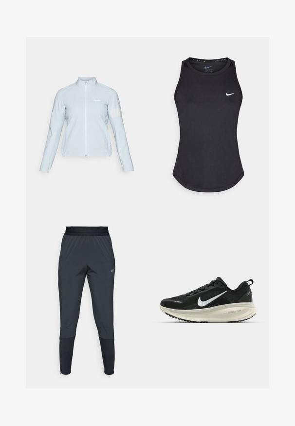 Veste de cyclisme bleu clair, à fermeture éclair intégrale, col haut, manches longues, poignets élastiques, bande réfléchissante sur le bras gauche, tissu lisse et léger.; Débardeur de sport noir en matériau anti-humidité. Il présente un col rond, une coupe slim et un logo Nike blanc sur la poitrine.; Pantalons de sport Nike en gris foncé, avec une coupe fuselée, une taille élastique et des détails accentués près des poignets.; Baskets de course noir Nike avec tige respirante en mesh, logo swoosh blanc, détails texturés et semelle intermédiaire ZoomX de couleur crème.