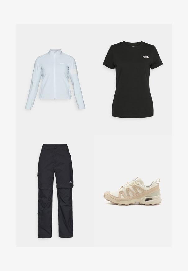 Light blue cycling jacket, full zip, high collar, long sleeves, elastic cuffs, reflective strip on left arm, smooth, lightweight fabric.; Black cotton t-shirt featuring a crew neckline and short sleeves. Notable white logo on the upper left side. Smooth texture, casual fit.; Black nylon zip-off cargo trousers with adjustable cuffs, multiple pockets, and a logo on the right leg. Smooth, lightweight texture.; Beige and cream athletic shoe with textured mesh upper, supportive overlays, and rubber outsole featuring a tread pattern for traction.