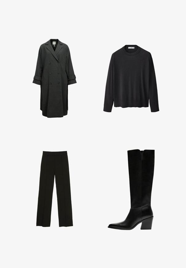 Šedý dvouřadý kabát vyrobený z vlněné směsi. Má široké klopy, volný střih a manžety na rukávech s knoflíkovými detaily.; Černý pletený svetr s vroubkovaným kulatým výstřihem, dlouhými rukávy a rovnými lemy. Měkká textura, minimalistický design a univerzální styl.; Černé široké kalhoty vyrobené z hladké tkaniny, s dobře padnoucím pasem a jemnými předními klíny pro zvýraznění textury.; Černé kozačky po kolena vyrobené z hladké kůže, s špičatou špičkou, blokovým podpatkem a výřezem ve tvaru V na vrchu.