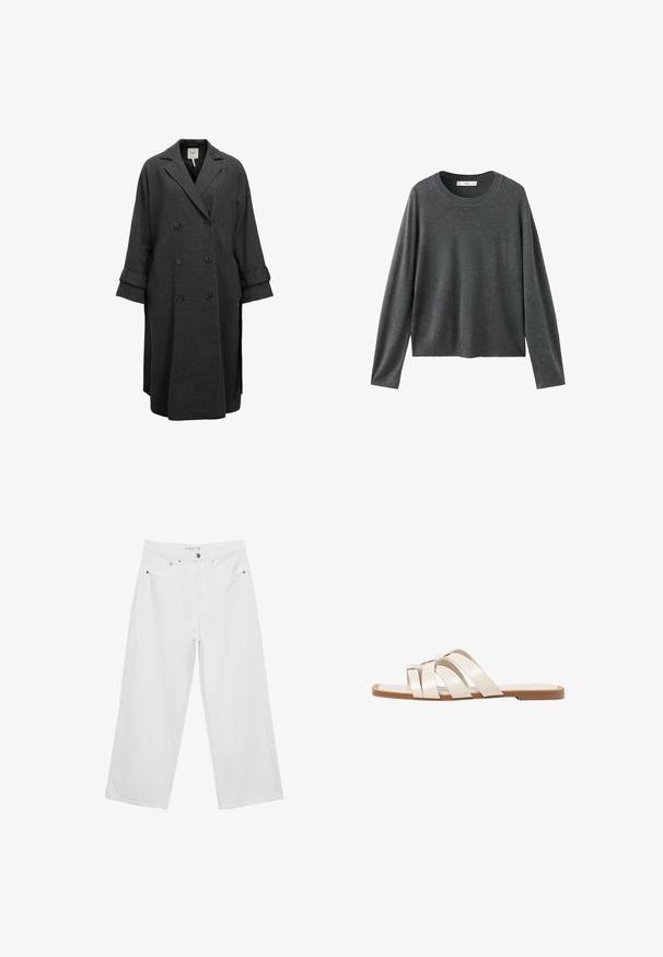 Grå dubbelknäppt kappa i ullblandning. Har breda slag, avslappnad passform och uppvikta ärmar med knappdetaljer.; Grå stickad tröja med långa ärmar, rund halsringning och avslappnad passform. Tillverkad av mjukt tyg med en slät textur och utan synliga mönster.; Vita vida jeans i denim med hög midja, med fem fickor och metalldetaljer. Slät textur, inga synliga mönster.; Platta sandaler med en brun gummisula, designade med tre överlappande vita läderspännen och en liten rosett i mitten.