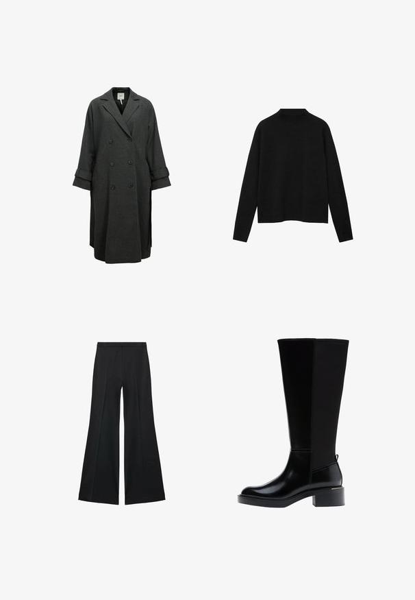 Cappotto grigio doppiopetto realizzato in tessuto misto lana. Presenta ampi revers, vestibilità comoda e maniche arrotolabili con dettagli in bottone.; Maglione a collo alto di colore nero realizzato in tessuto morbido, con maniche lunghe e una vestibilità rilassata, caratterizzato da un design pulito e minimalista.; Pantaloni neri a gamba larga con una texture liscia, caratterizzati da pieghe frontali e un design sartoriale. Il tessuto è leggero e fluido.; Stivali in pelle nera alti fino al ginocchio con finitura lucida, punta quadrata, tacco a blocco e dettaglio sulla cucitura laterale. Presentano un passante sul retro.