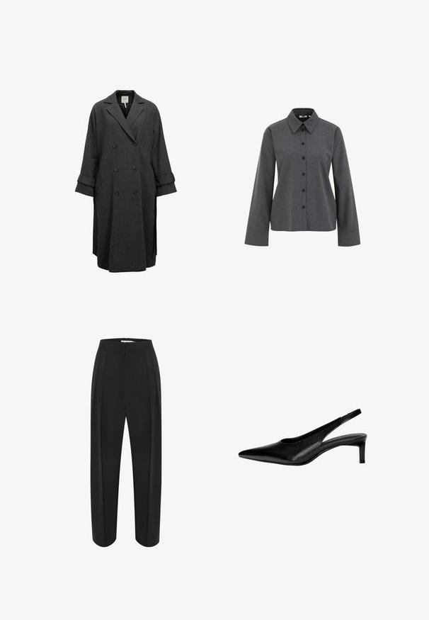 Manteau gris à double boutonnage en tissu mélange de laine. Présente de larges revers, une coupe décontractée et des manches retroussées avec des accents de bouton.; WE Fashion Chemisier - grey; Pantalons larges noirs à taille haute, avec une texture lisse et deux plis à l'avant. Conçus avec une silhouette épurée et ajustée.; Chaussure slingback en cuir noir avec un bout pointu, un petit talon et un design découpé sur les côtés. Texture lisse avec une apparence élégante.