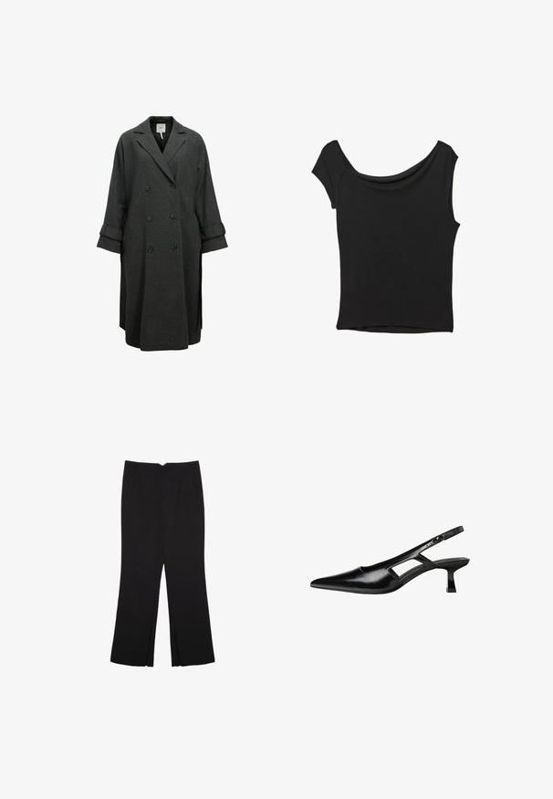 Grau gestreifter Doppelreiher-Mantel aus Wollmischgewebe. Merkmale sind breite Revers, lockere Passform und hochgekrempelte Ärmel mit Knopfakzenten.; Schwarzes Kurzarmoberteil aus glattem Stoff; hat einen drapierten Ausschnitt und einen asymmetrischen Saum, mit einem figurbetonten Körper.; Schwarze Hose mit geradem Schnitt, ausgestattet mit Fronttaschen und Seitenschlitzen am Saum. Hergestellt aus weichem, glattem Stoff. Geeignet für verschiedene Anlässe.; Schwarze Lackleder-Slingback-High Heels mit spitzer Zehenform, ausgeschnittenem Seitendesign und kleinem Blockabsatz. Glatte Textur mit minimalen Akzenten.