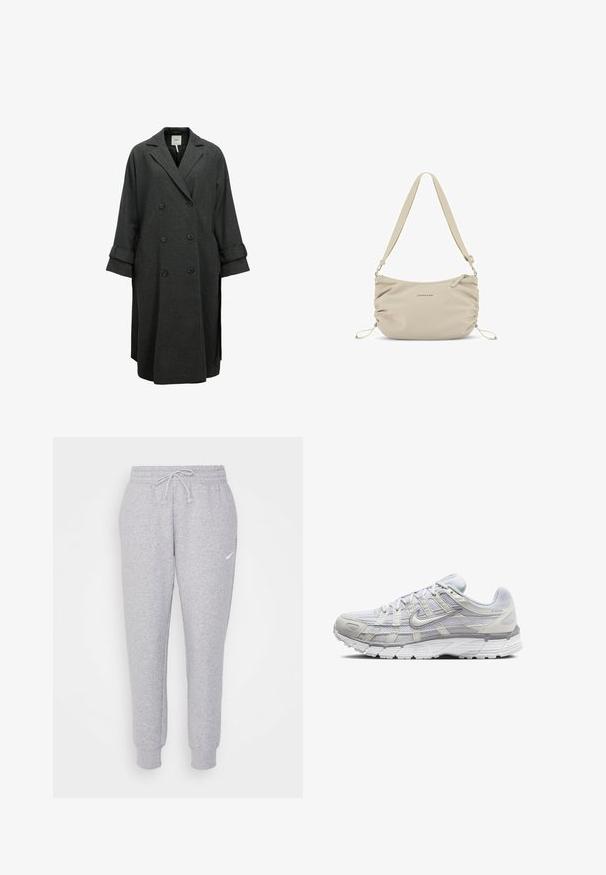 Cappotto grigio doppiopetto realizzato in tessuto misto lana. Presenta ampi revers, vestibilità comoda e maniche arrotolabili con dettagli in bottone.; Maglietta aderente bianca in cotone, con scollatura rotonda e maniche corte, caratterizzata da un logo ricamato di colore azzurro chiaro sul davanti.; Pantaloni della tuta grigi chiari con vita regolabile, gamba affusolata e un piccolo logo bianco sulla coscia sinistra. Realizzati in un morbido tessuto texture.; Scarpe da ginnastica grigio chiaro con tomaia in rete e sintetico, dotate di chiusura con lacci, collo imbottito e suola testurizzata per una migliore aderenza.; Borsa a spalla in nylon beige con una texture morbida, lati arricciati e tracolla regolabile. Presenta una chiusura con cerniera e dettagli del logo discreti.; Orecchini a cerchio in argento con una superficie liscia e lucida e una forma circolare sottile. Il design presenta una chiusura sicura.