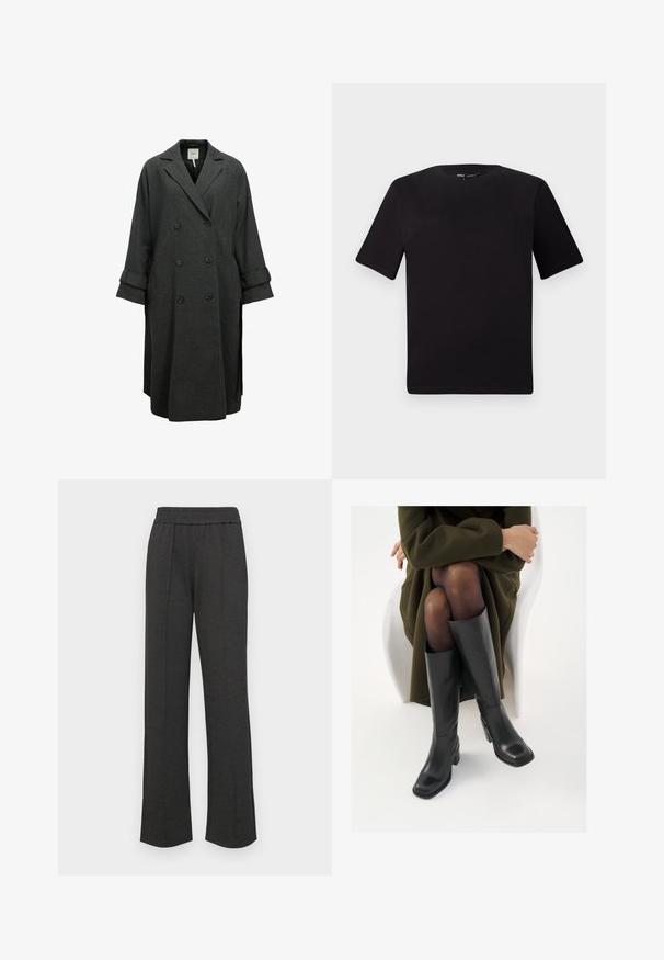Grå dobbeltspent frakk laget av ullblandingsstoff. Har brede revers, avslappet passform og oppbrettede ermer med knappdetaljer.; Svart t-skjorte med korte ermer og rund hals, laget av mykt bomullsstoff. Enkelt design, ingen synlige logoer eller mønstre.; Svart rette bukser med elastisk liv, frontfolder, myk stoff, og uten synlige mønstre eller maskinvare detaljer.; Knæhøye sorte lærstøvler med firkantet tå og blokkhelt, vist med en modell som sitter iført en olivengrønn kåpe. Glatt tekstur, minimal detaljering.